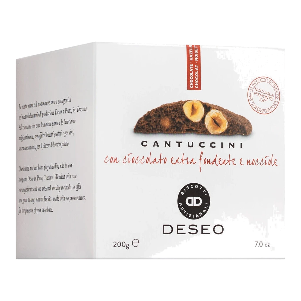 Cantuccini with hazelnuts and dark chocolate by DESEO srl in a pack, Tuscan almond biscuits