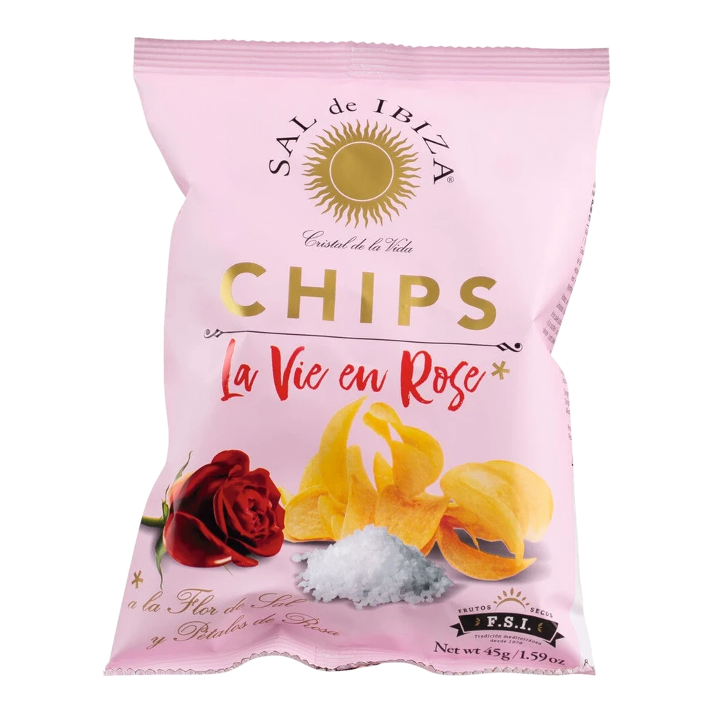 Sal de Ibiza Chips La Vie en Rose – dünne Kartoffelchips mit Fleur de Sel und Rosenblättern in rosafarbener Verpackung