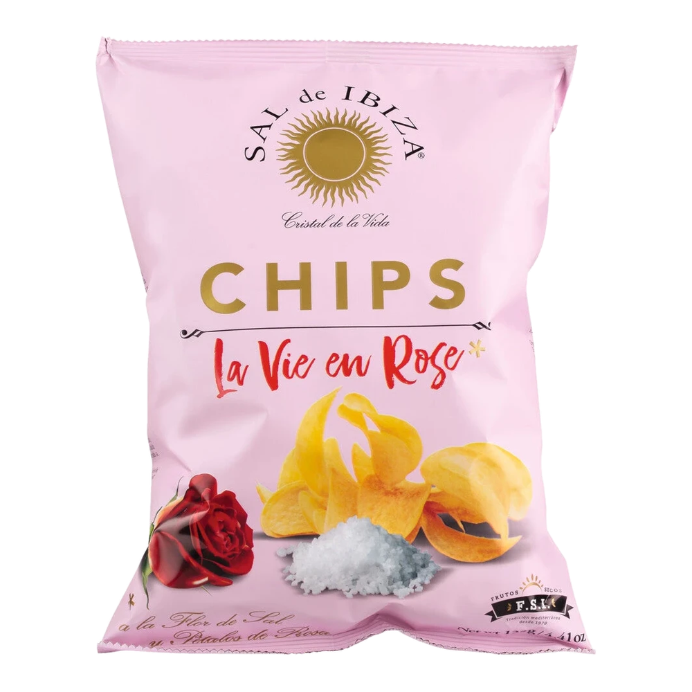 Sal de Ibiza Chips La vie en Rose – dünne Kartoffelchips mit Fleur de Sel und Rosenblüten in rosa Verpackung