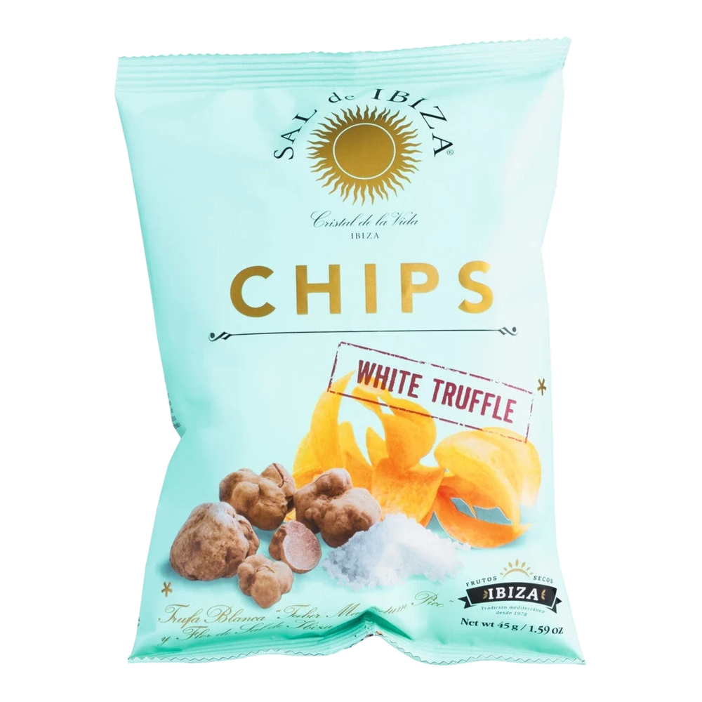 Sal de Ibiza Chips Truffles 45g: Knusprige Chips mit Flor de Sal und weißem Trüffelpulver in goldener Verpackung.