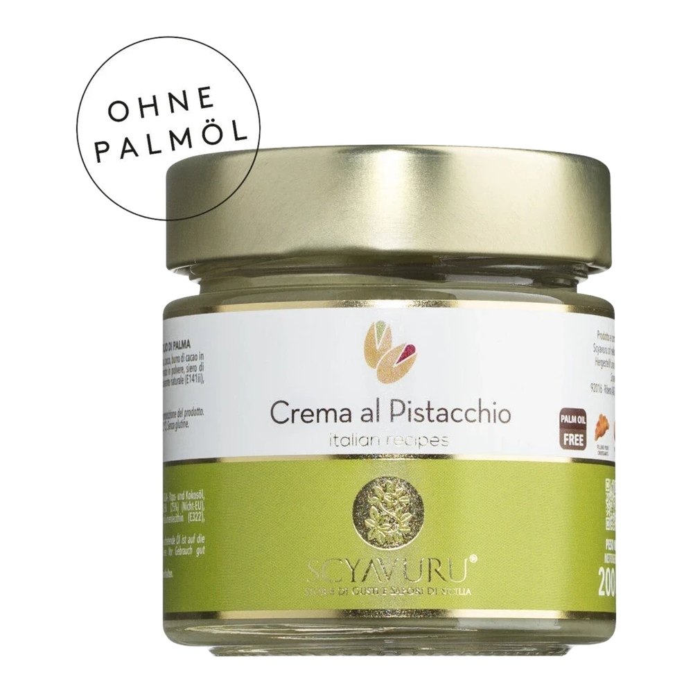 Scyavuru Crema al Pistacchio: Jar with green pistachio cream, palm oil-free, with product label.