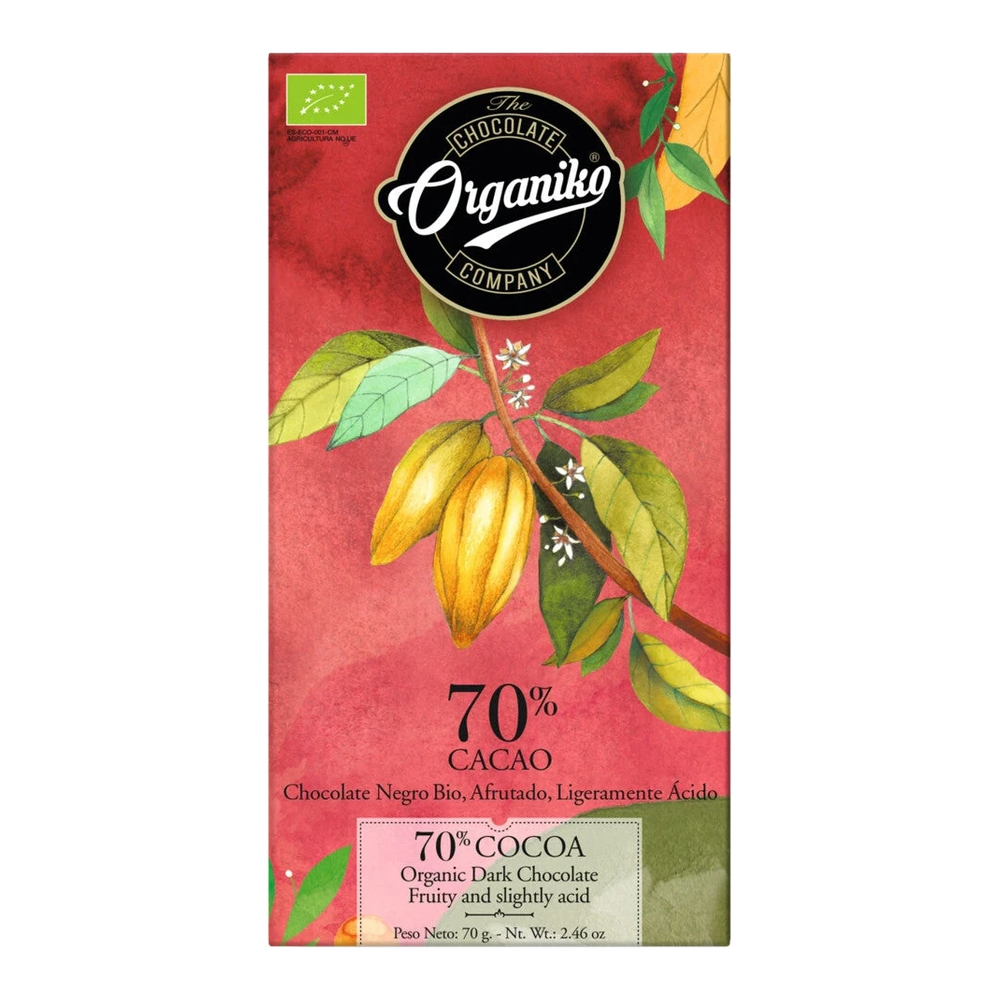 Organic dark chocolate bar 70% cocoa, 70% cocoa, Trinitario beans, Dominican Republic