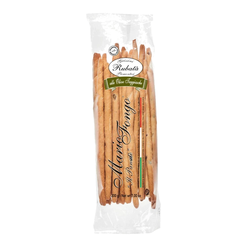 Grissini Rubatà alle olive Taggiasche, 200g – thin, crispy breadsticks with Taggiasca olives from Liguria.