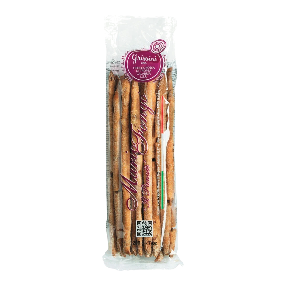Rustikale Grissini stirati alla cipolla rossa von Mario Fongo, 200g, mit Rotzwiebel und Salzkruste auf Holzbrett