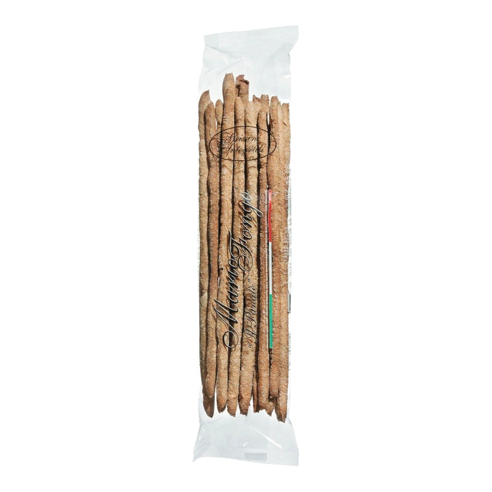 Short, hand-pulled whole grain grissini stirati corti integrali 200g with a rough surface, rustic and irregularly shaped.