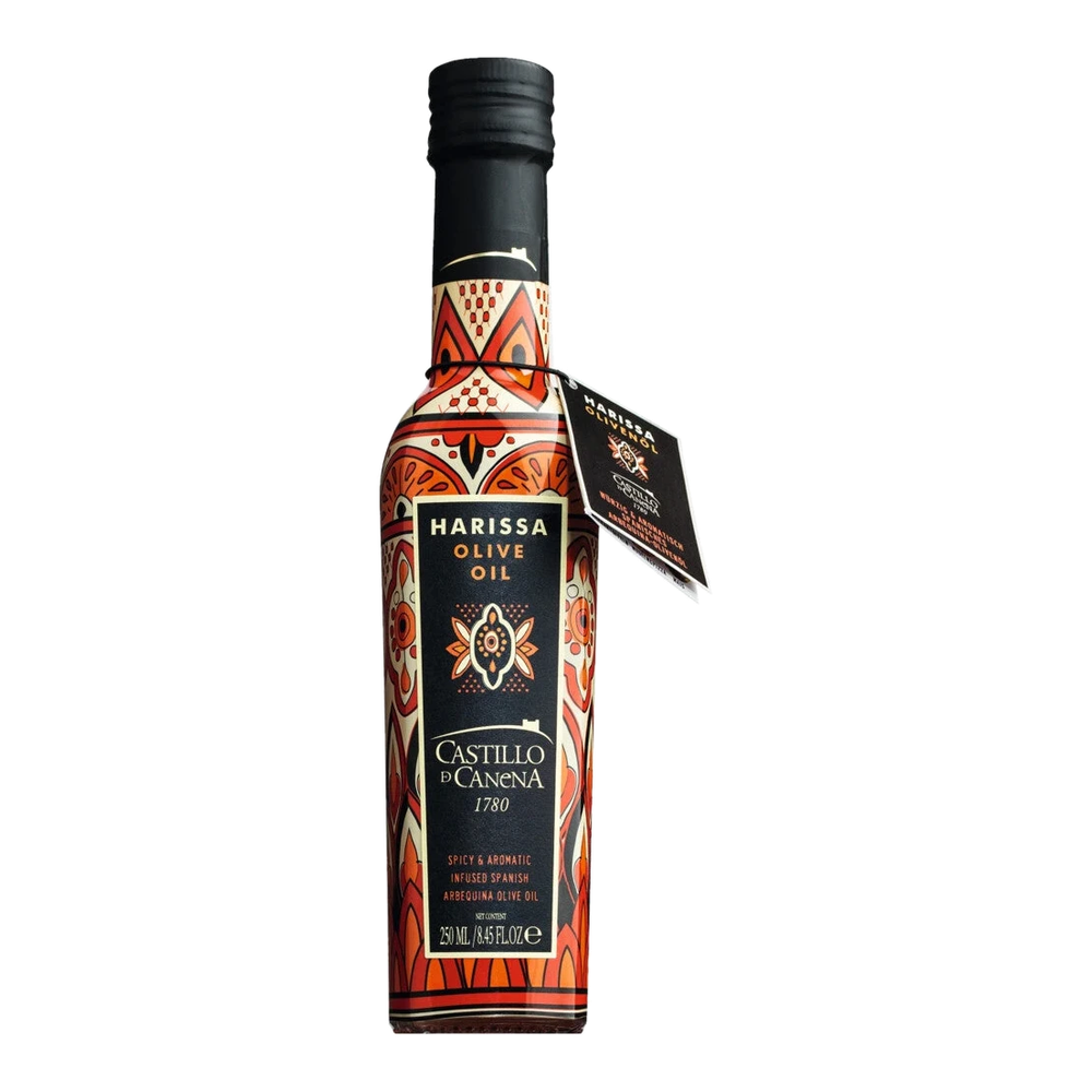 Bottle of Harissa Extra Virgin Olive Oil – cold-pressed Arbequina olive oil with harissa spice blend