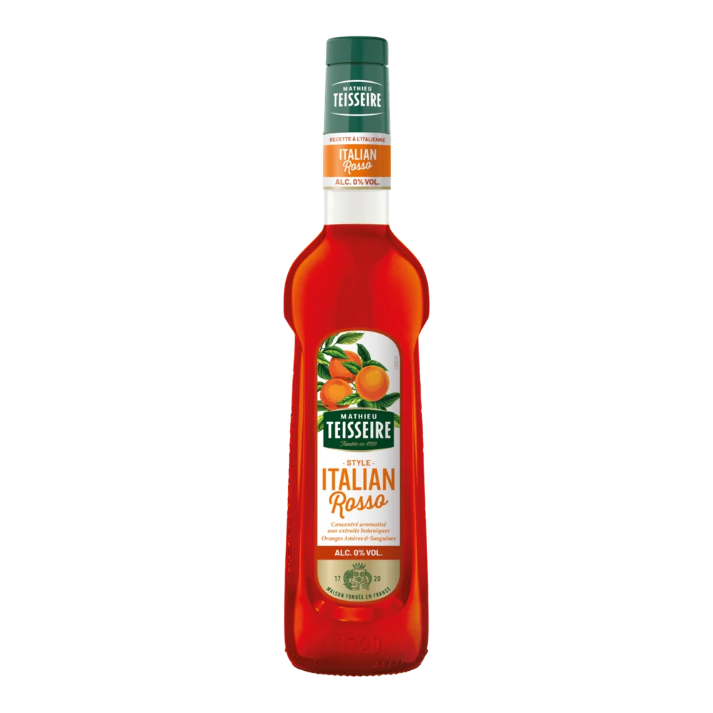 Flasche Mathieu Teisseire Italian Rosso Sirup mit roter Flüssigkeit und Etikett