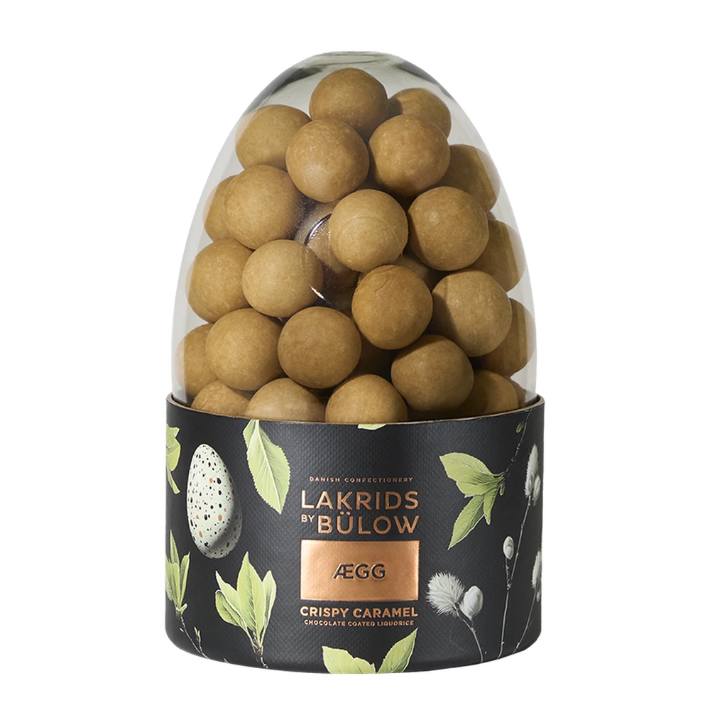 Lakrids by Bülow CRISPY CARAMEL ÆGG – eiförmige Lakritz-Bonbons mit Karamell und Zuckerglasur in Verpackung