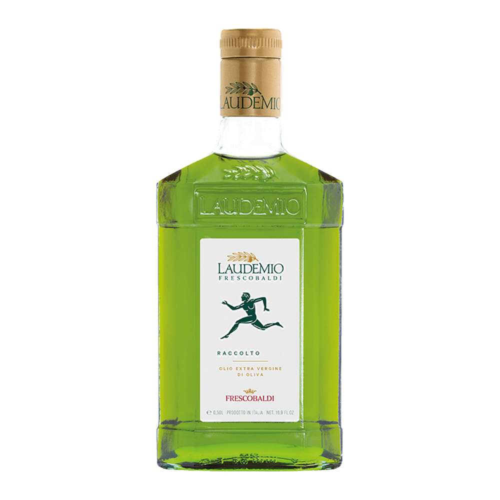 Laudemio Olio Extra Vergine di Oliva Frescobaldi in goldener Geschenkverpackung, grüne Glasflasche mit Etikett