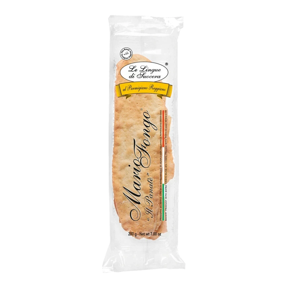 Lingue di suocera con parmigiano, 200 g – wafer-thin, crispy dough strips with Parmigiano Reggiano.
