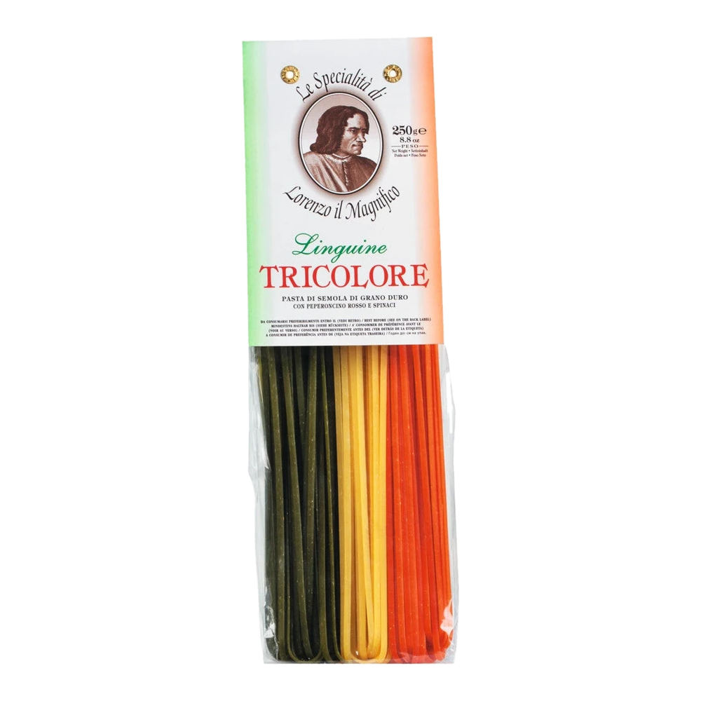 Linguine Tricolore – three-coloured pasta with spinach and peperoncino from Italy, in yellow, green and red.
