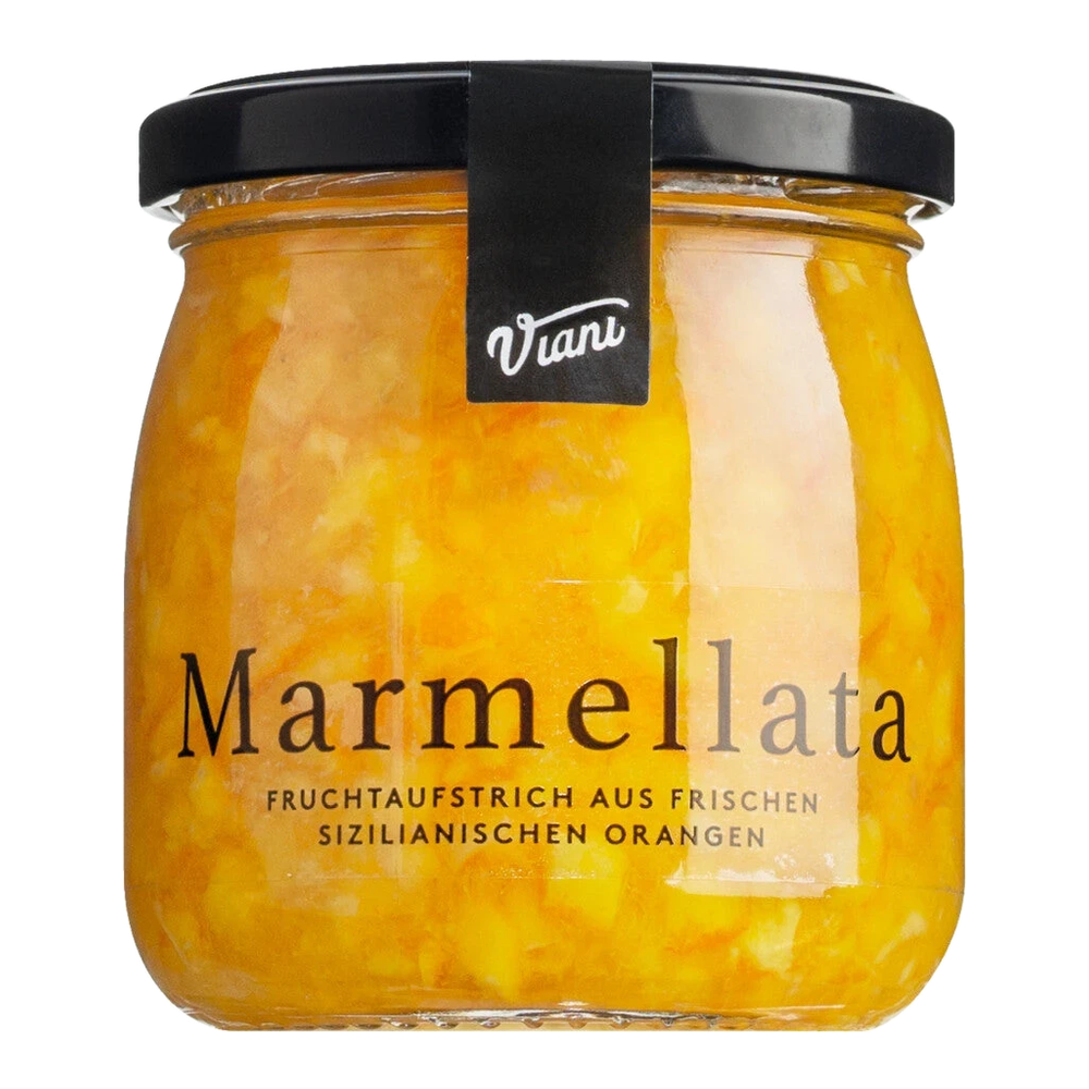 Viani Marmellata Orange – jar with Sicilian orange marmalade with fruit pieces, 55 g fruit per 100 g