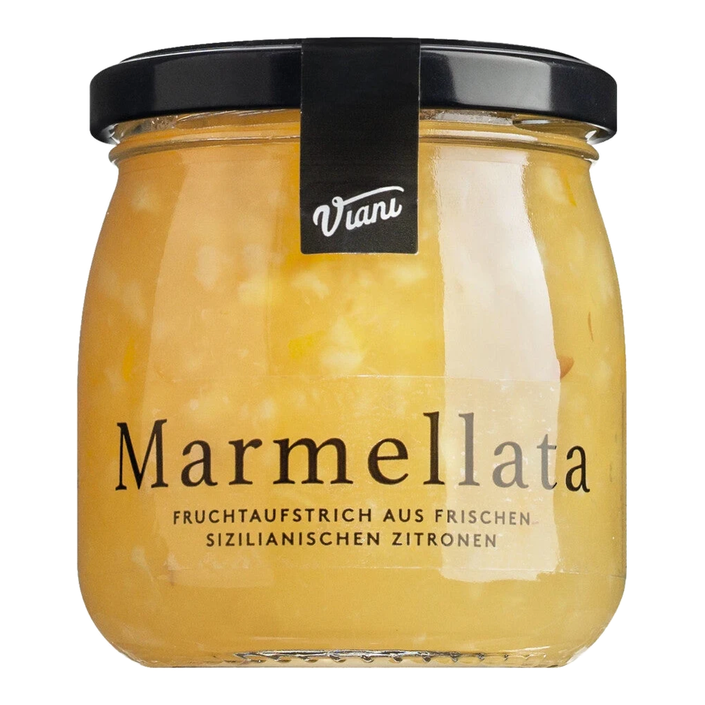 Jar of lemon marmalade by Giuseppe Santangelo from Sicily with creamy fruit pulp and fine peel pieces