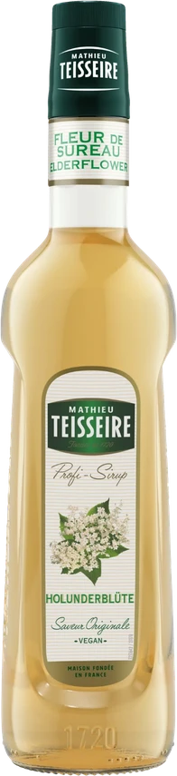 Mathieu Teisseire Elderflower Syrup – glass bottle with light yellow syrup and elderflower label