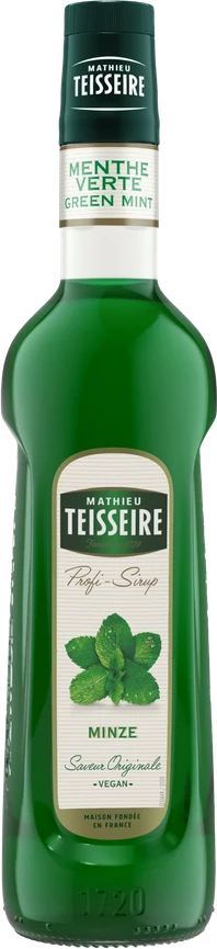 Mathieu Teisseire Peppermint Syrup in an emerald green bottle for cocktails, teas, and drinks