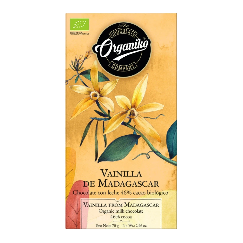 Milk chocolate bar with 46% cocoa and Bourbon vanilla from Madagascar, organic