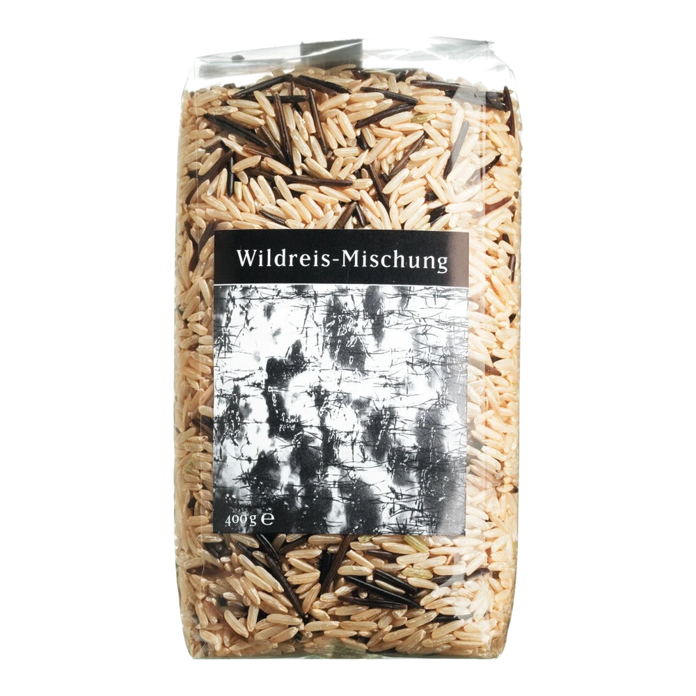 Viani Natur-Wildreismischung: Packung mit ungeschältem Naturreis und schwarzem Wildreis aus Kanada.