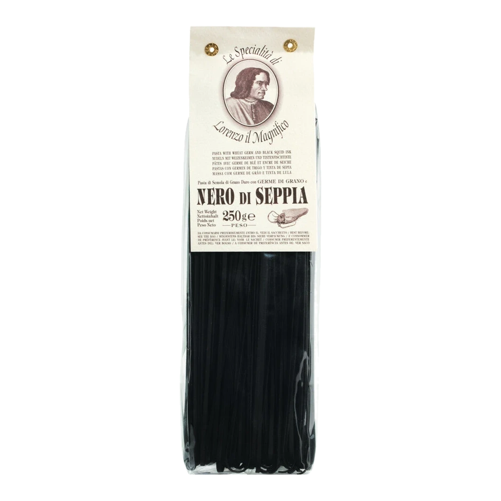 Black Linguine Nero di sepia with squid ink, artisanally made from Tuscany, from durum wheat semolina.