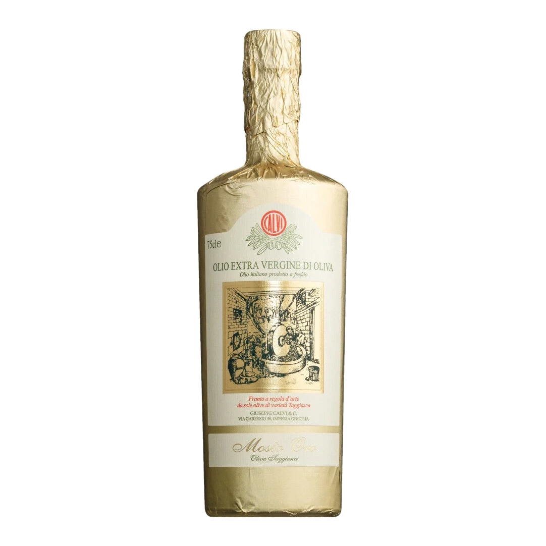 Bottle of Olio extra vergine Mosto Oro, mild fruity extra virgin olive oil from Liguria, Taggiasca variety