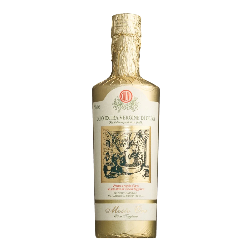 Bottle of Olio extra vergine Mosto Oro, mild fruity Taggiasca olive oil from Liguria