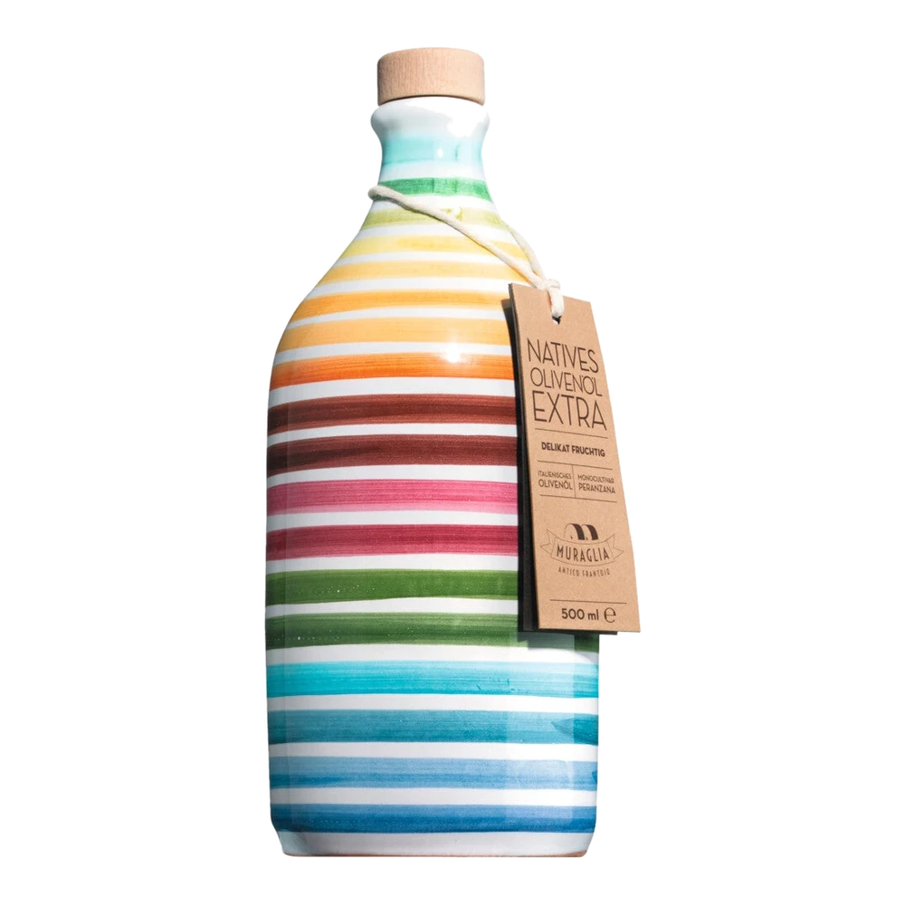 Hand-thrown, painted terracotta bottle with Muraglia Peranzana Arcobaleno extra virgin olive oil from Apulia