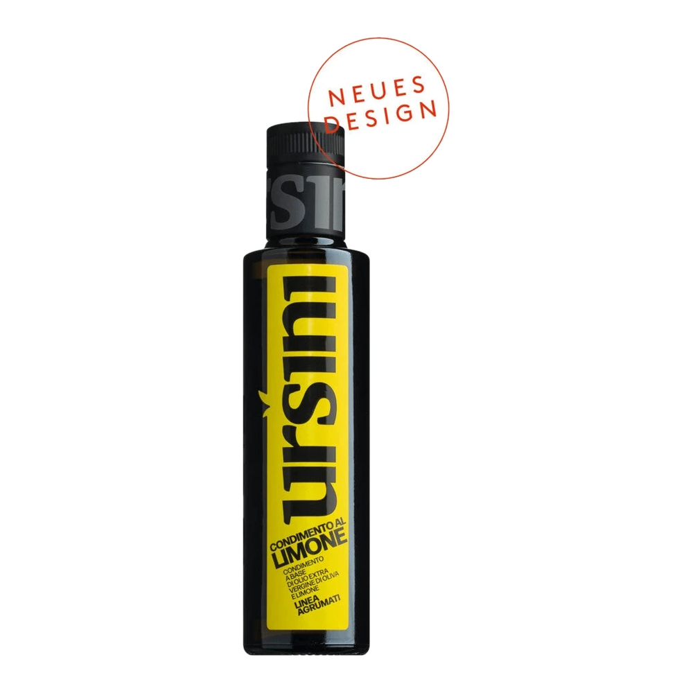 Olio Limone Giallo by Ursini: bottle of lemon-infused extra virgin olive oil from Italy. New design