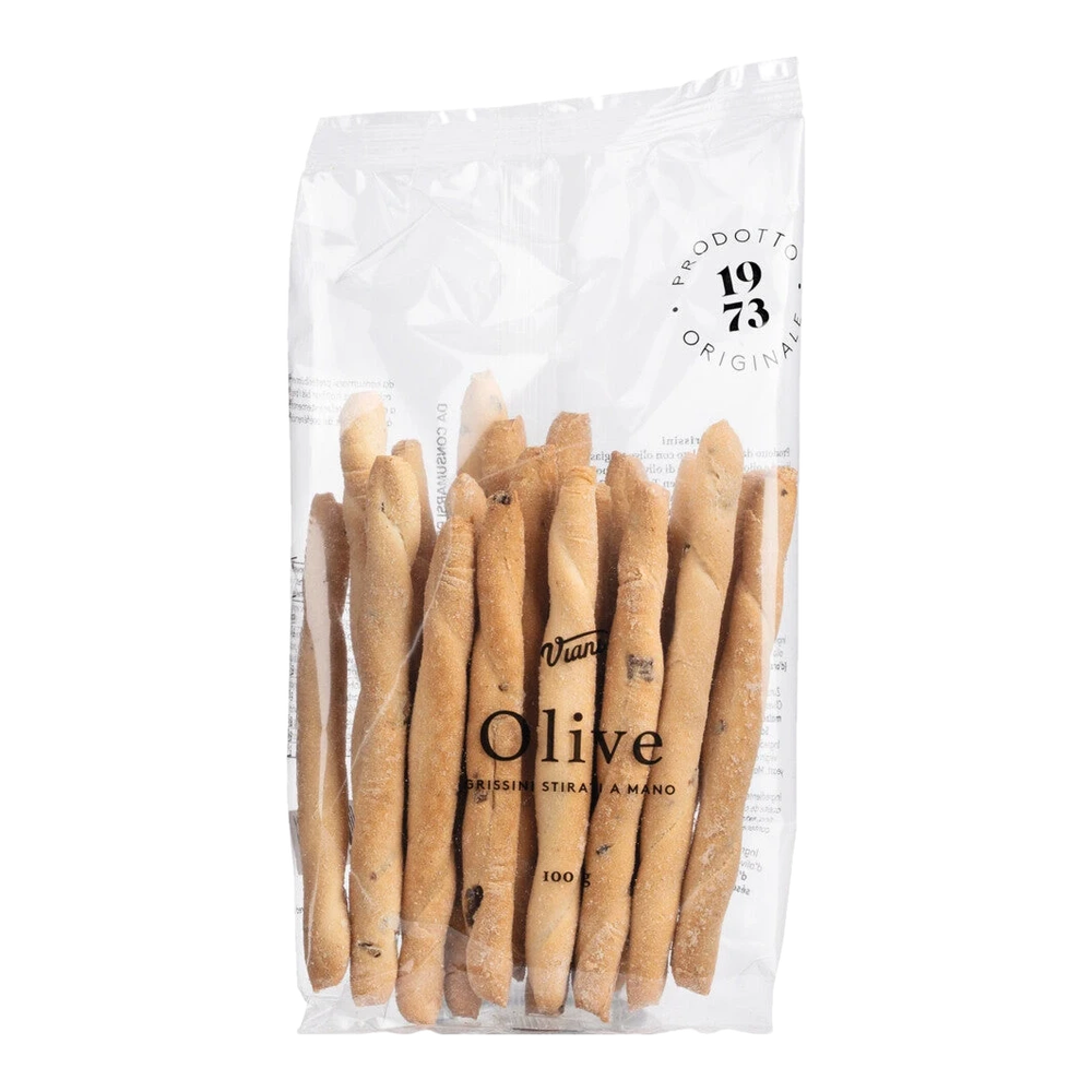 Mini grissini with Taggiasca olives, 100g, small crispy breadsticks with a subtle nutty olive aroma.