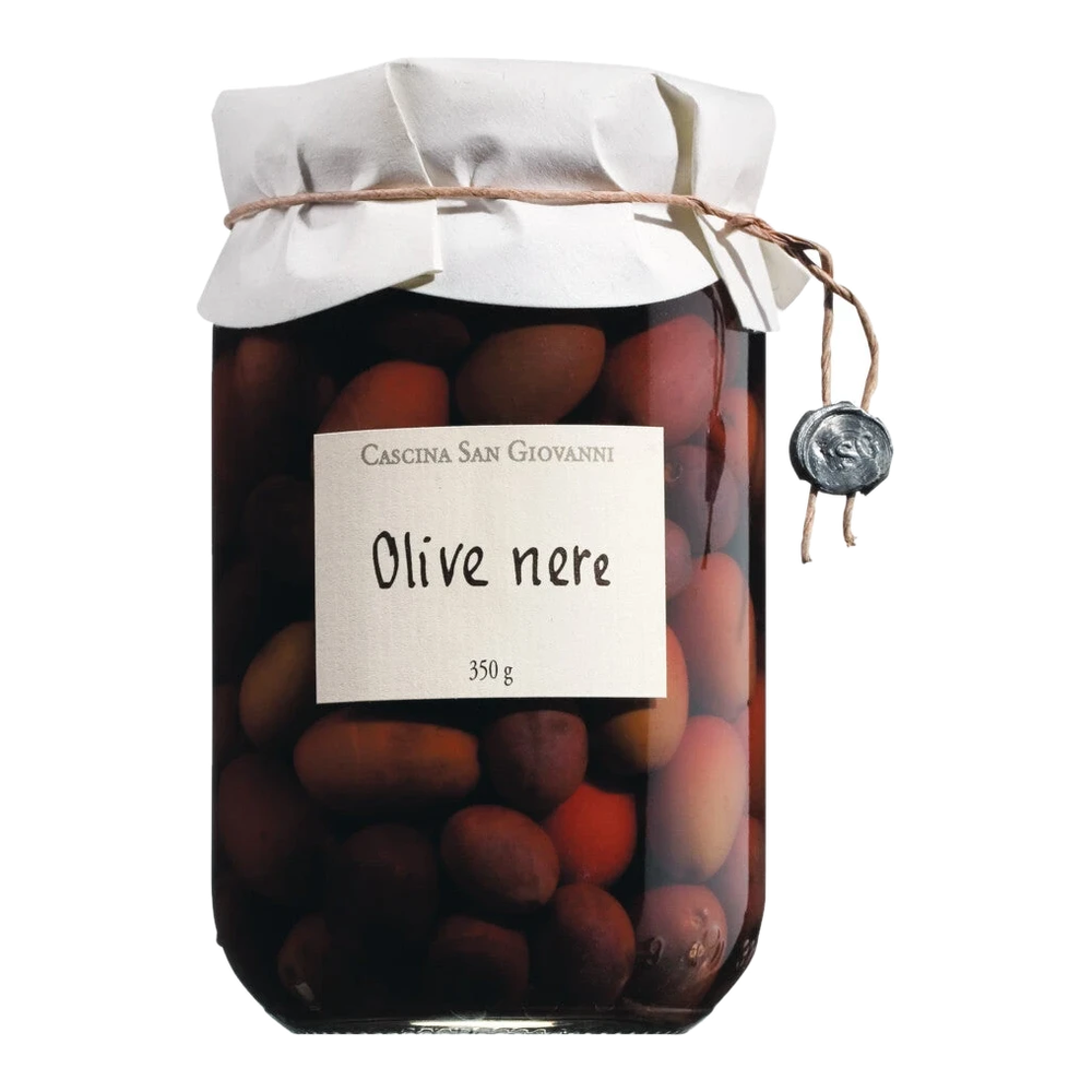 Small black olives in brine – Olive nere – bold, salty, slightly bitter, compact and aromatic.