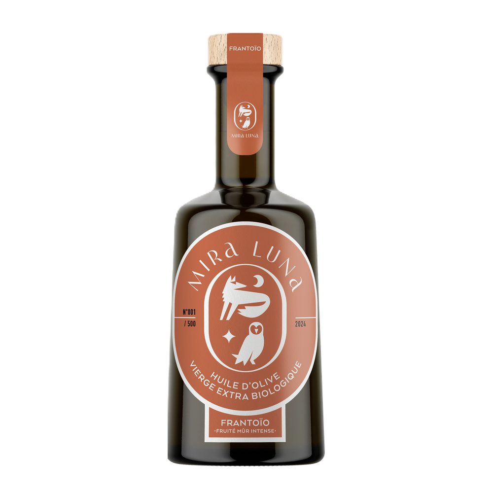 Domaine Mira Luna Organic Olive Oil Frantoio, 250-ml-Flasche mit Etikett
