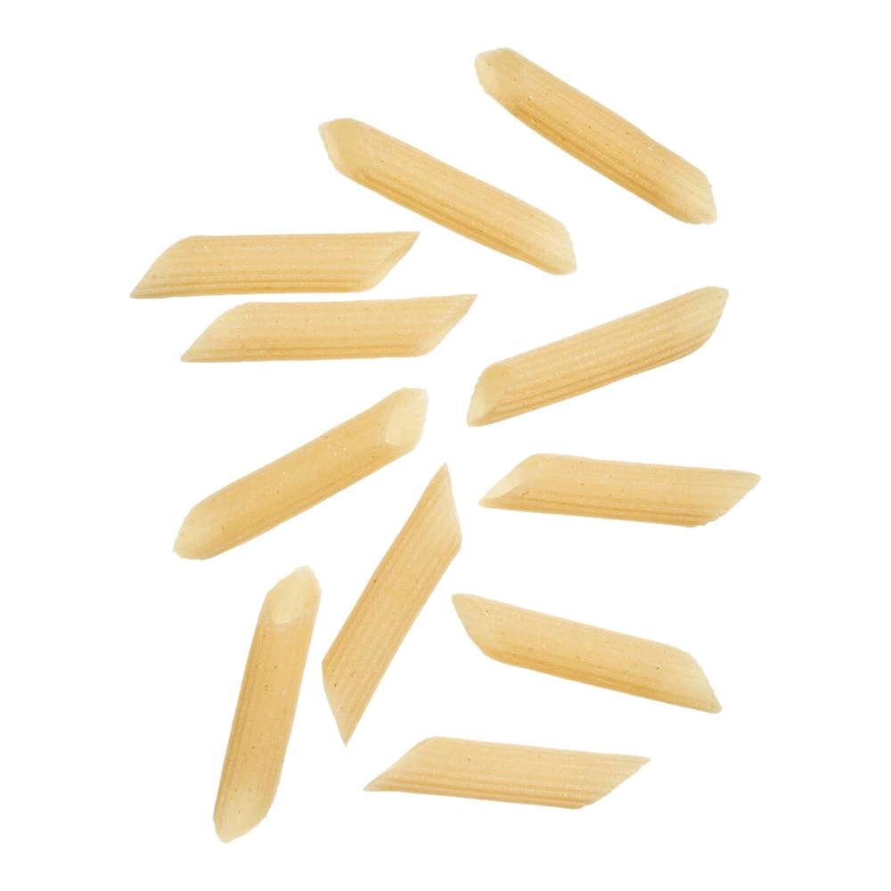 Penne from bronze dies: short, ribbed tubes with diagonally cut ends for optimal sauce adhesion.