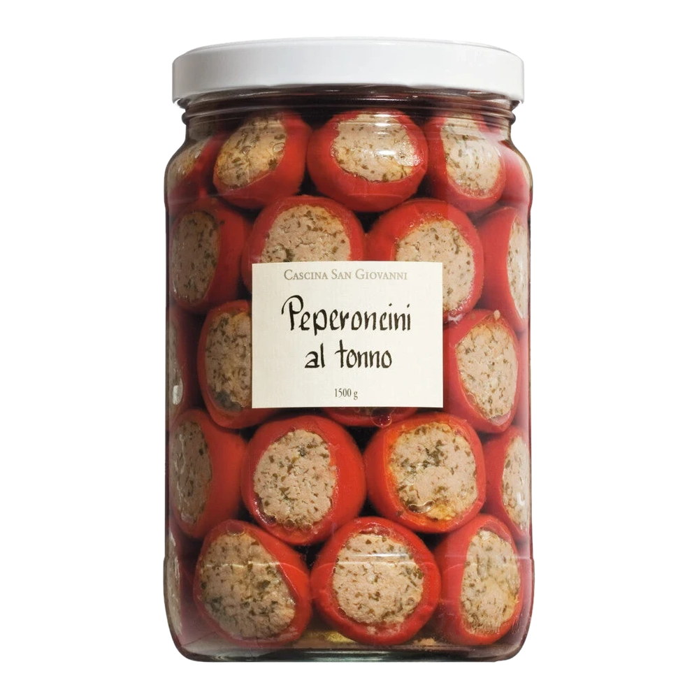 Cascina San Giovanni Peperoncini farciti al tonno – jar with tuna-stuffed cherry peppers preserved in oil