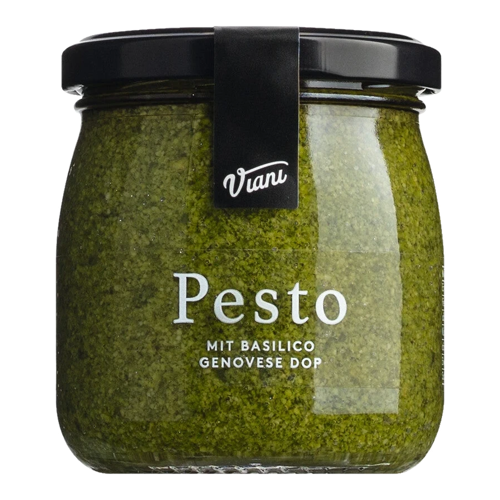 Jar of Pesto with Genoese basil DOP by Antonio Viani, vibrant green, chunky texture, Ligurian product