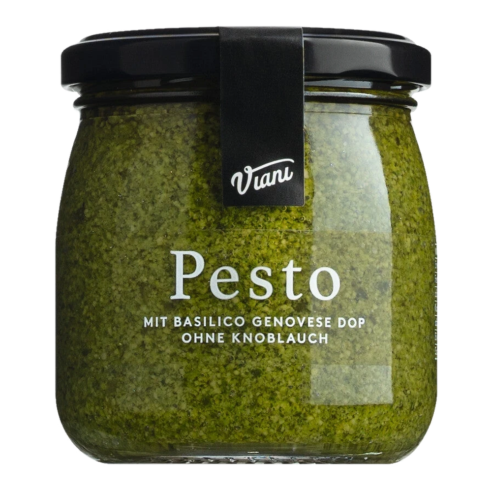 Pesto with Genoese basil DOP without garlic from Liguria – chunky consistency, bottled in a glass jar.