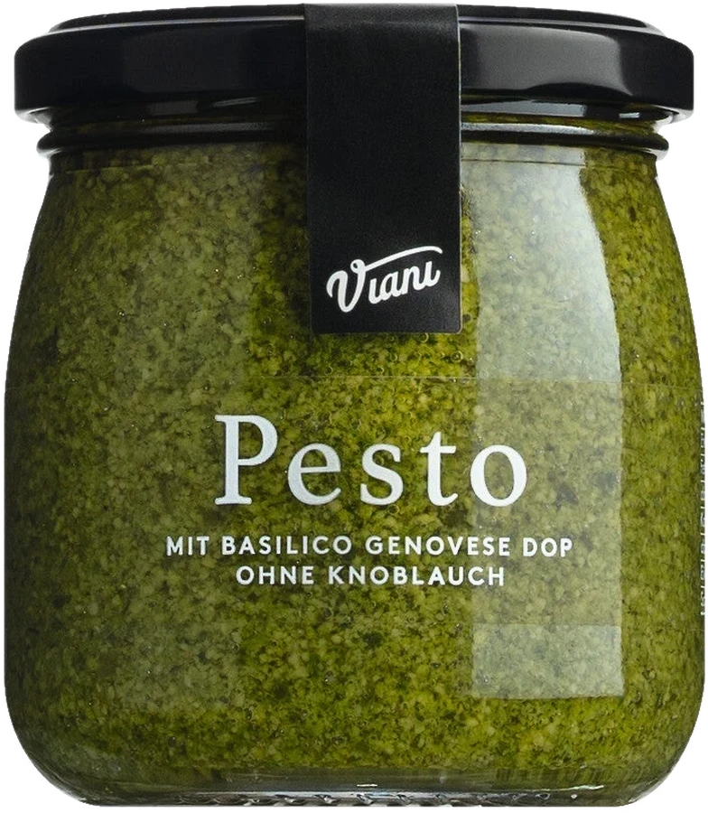 Pesto mit Genueser Basilikum DOP ohne Knoblauch aus Ligurien – stückige Konsistenz, im Glas abgefüllt.