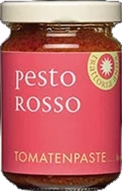 Trattoria Anna Pesto rosso im 130g-Glas mit sonnengetrockneten Tomaten, Öl und Kräutern auf hellem Untergrund.