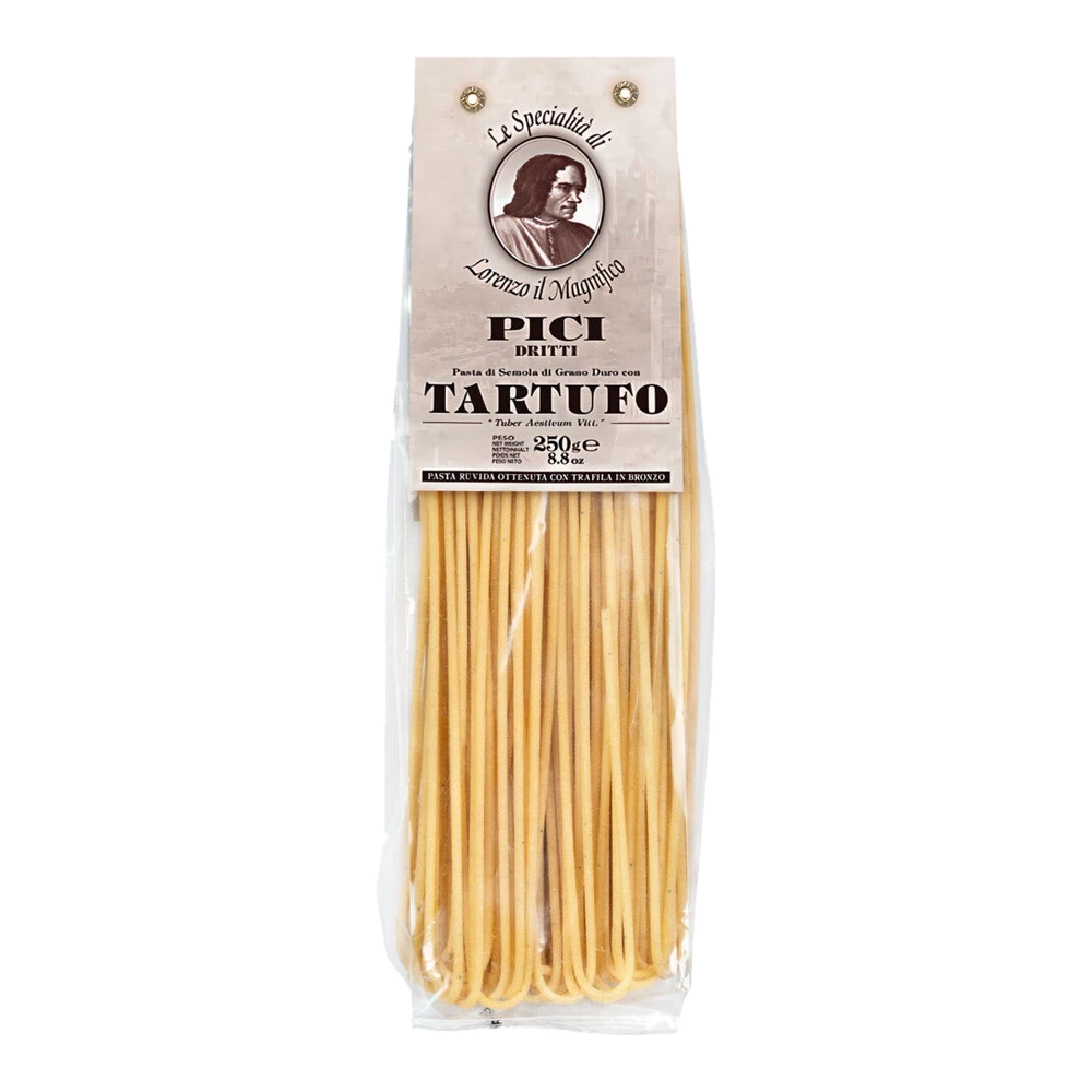 Pici dritti al tartufo – thick, hand-rolled pasta with summer truffle made from durum wheat semolina and egg, packaged