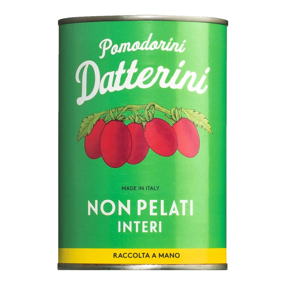Jar of Pomodori datterini Vintage – whole date tomatoes in tomato juice, bright red, soft texture