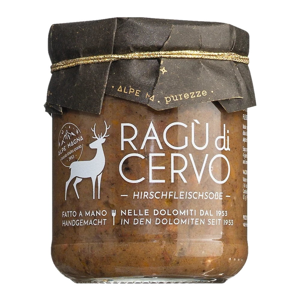 Alpe Magna Ragù di Cervo – jar with dark venison meat sauce in pieces