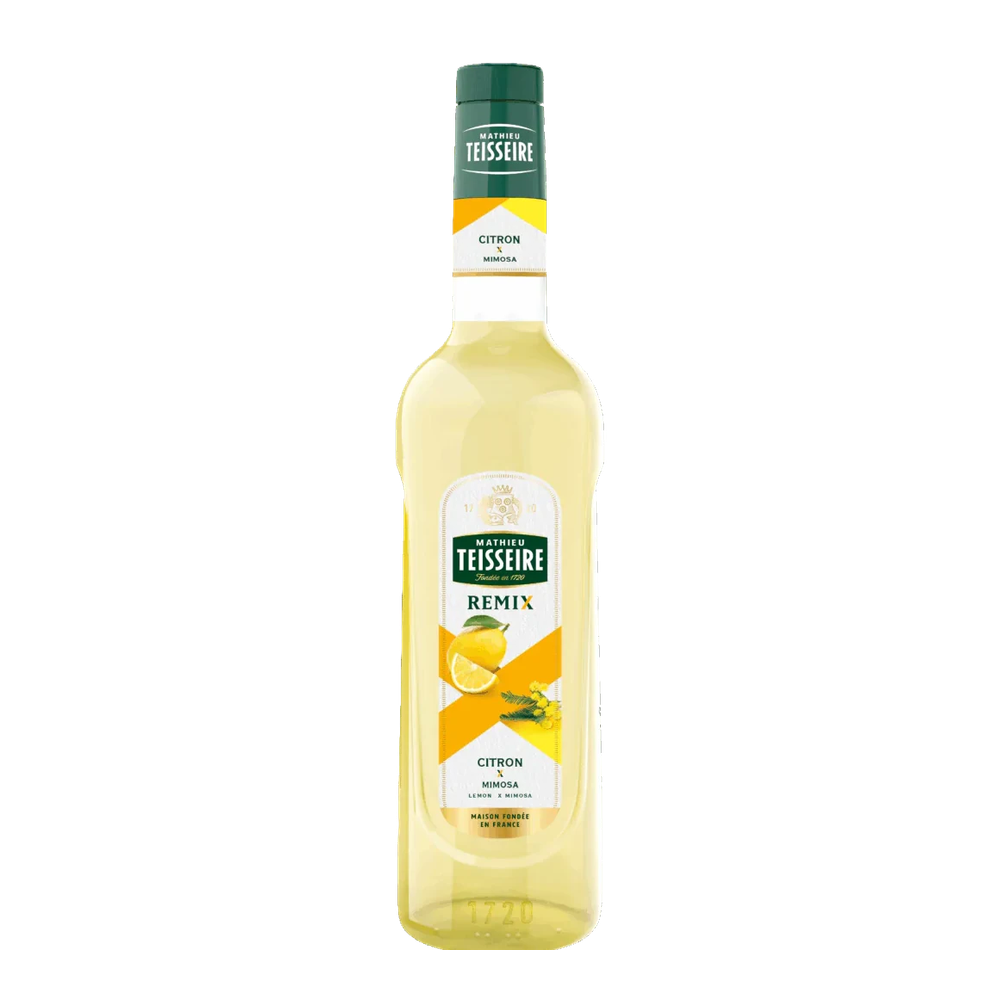 Flasche Mathieu Teisseire Remix Zitrone & Mimose Sirup mit gelbem Etikett