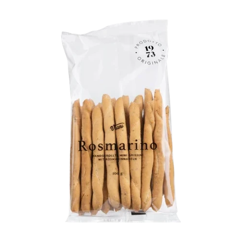 Viani Rosmarino mini grissini with rosemary, short hand-rolled breadsticks in a pack