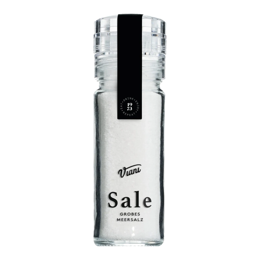 Coarse sea salt from Italy, 110 g, in a glass mill – natural crystals without additives or anti-caking agents.