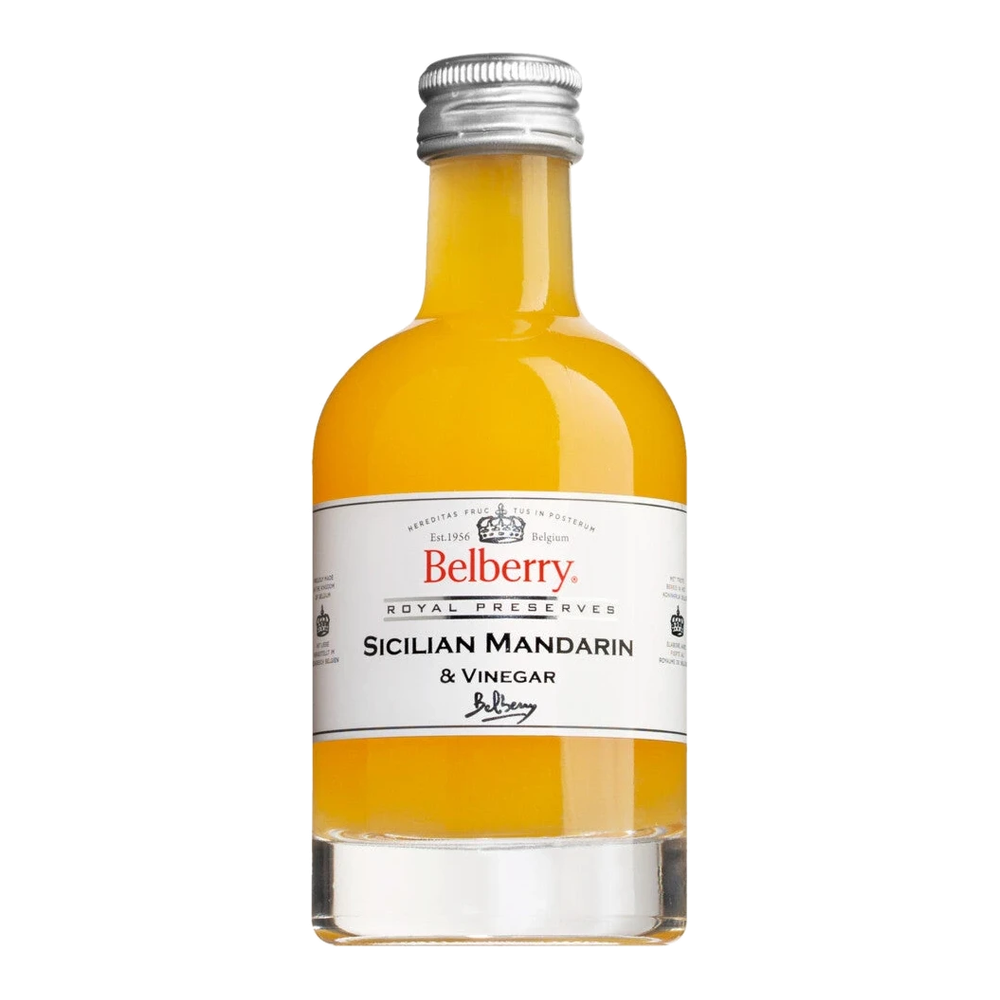 Belberry Sicilian Mandarin Vinegar – fruit vinegar made from Sicilian mandarin pulp in a glass bottle