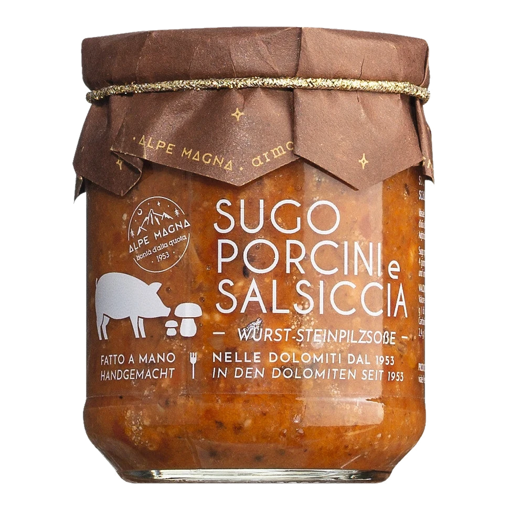 Alpe Magna Sugo porcini e salsiccia – jar with pasta sauce made from porcini mushrooms, salsiccia and tomatoes
