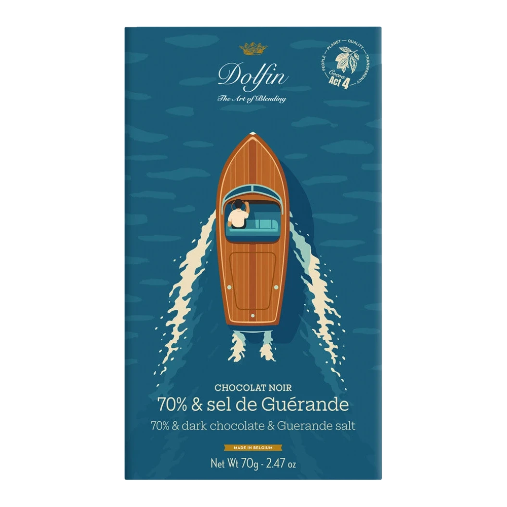 Dark chocolate bar 70% cocoa with Sel de Guérande, summer edition, in simple packaging