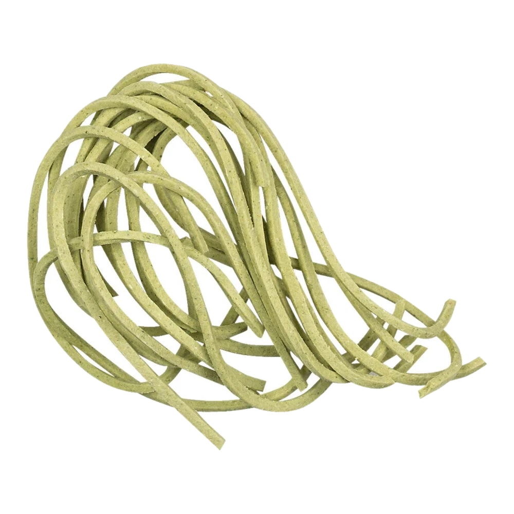 Green organic Taglierini verdi made from durum wheat semolina with spinach, thin Italian pasta in packaging