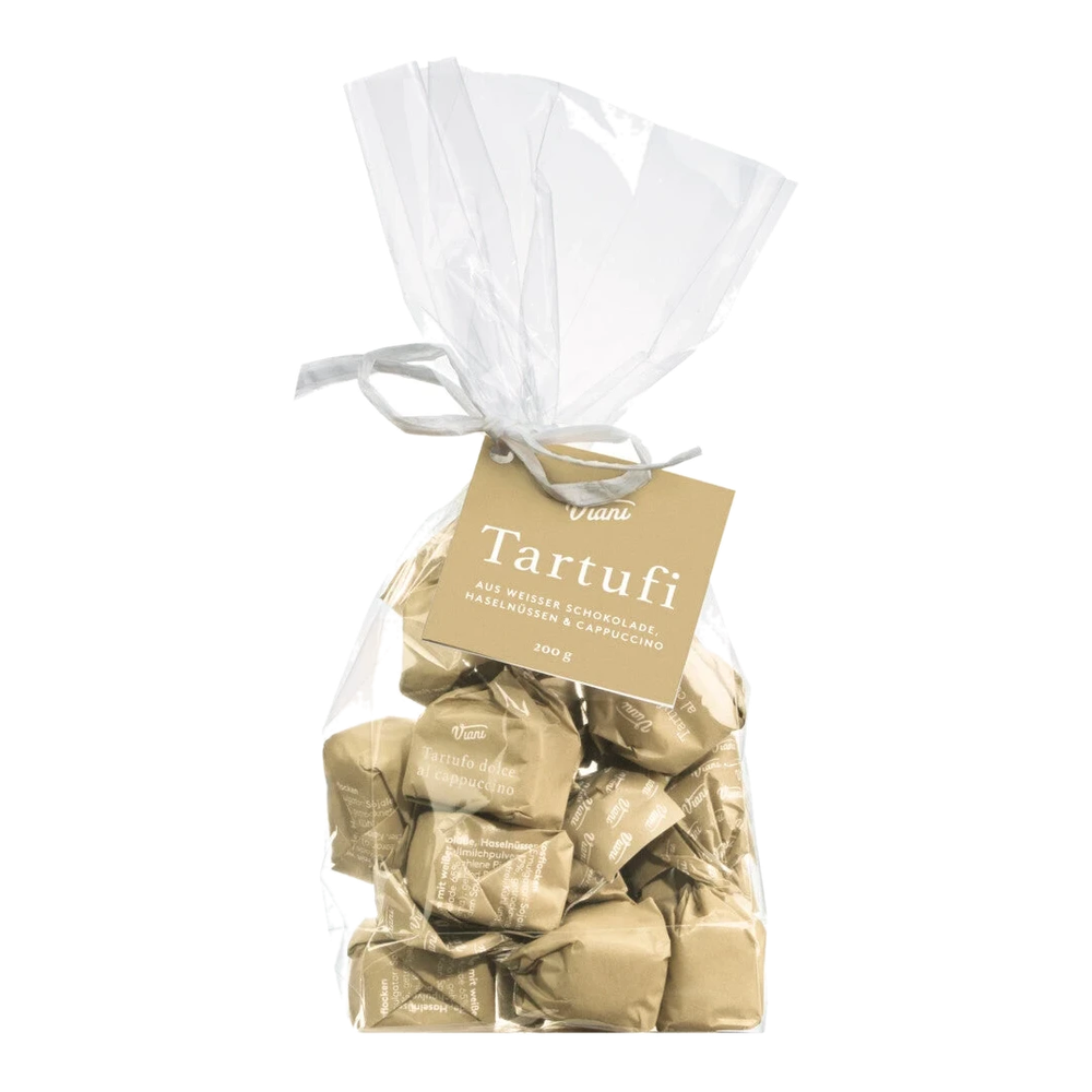 Cappuccino truffles made of white chocolate with Arabica coffee, brown wrapper, in a bag – Tartufi dolci al cappuccino