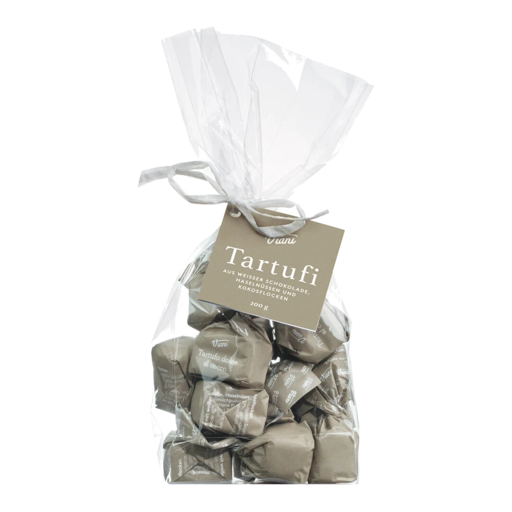 Tartufi dolci al cocco, sacchetto – 14 white chocolate truffles with coconut flakes and hazelnut in a gift bag