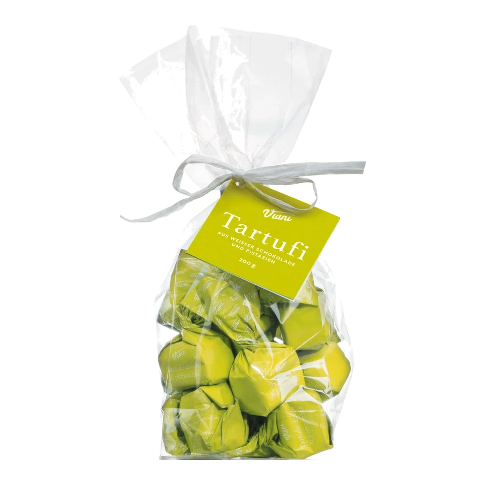 14 green pistachio truffle pralines in a transparent gift bag, Tartufi dolci al pistacchio