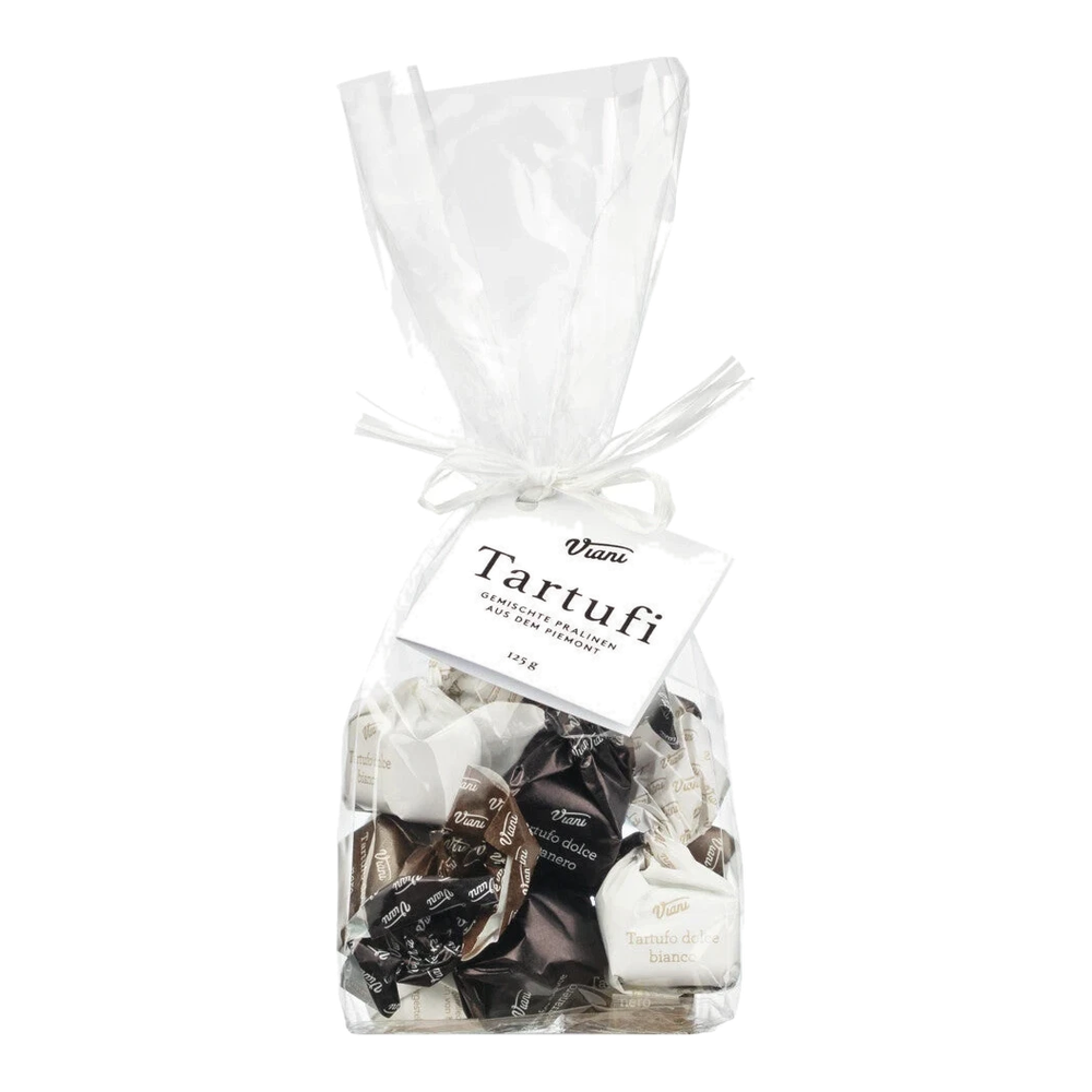 Antica Torroneria Piemontese Tartufi dolci classici misti im Beutel: drei Pralinensorten in Einwickelpapier, pudrig außen.