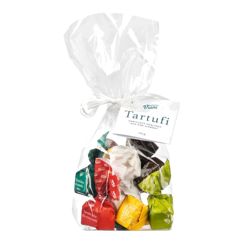 Colorful Italian chocolate truffle mix with six varieties, including Caramello, Pistacchio and Stracciatella, in a bag